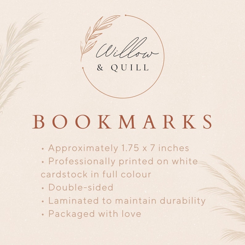 Puede incluir: Un conjunto de marcap&aacute;ginas con un dise&ntilde;o minimalista que presenta un dibujo simple de una rama con hojas. El texto "Willow & QUILL" est&aacute; escrito en una fuente manuscrita dentro de un c&iacute;rculo. El texto "BOOKMARKS" est&aacute; escrito en una fuente grande y en negrita. Los marcap&aacute;ginas miden aproximadamente 4,4 cm por 17,8 cm, est&aacute;n impresos en cartulina blanca, son de doble cara, est&aacute;n laminados y se empaquetan con amor.