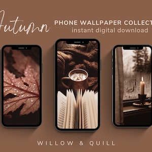 May include: Three phone wallpapers featuring autumnal scenes. The first wallpaper shows a close-up of a brown leaf with water droplets. The second wallpaper shows a cup of coffee, a book, and a cosy blanket. The third wallpaper shows a window with a candle and a view of a snowy forest.