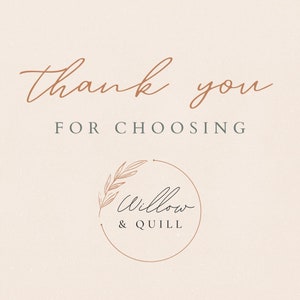 Puede incluir: Gracias por elegir Willow & Quill. Un c&iacute;rculo marr&oacute;n con un dise&ntilde;o floral dibujado a mano y el texto "Willow & Quill" en negro.