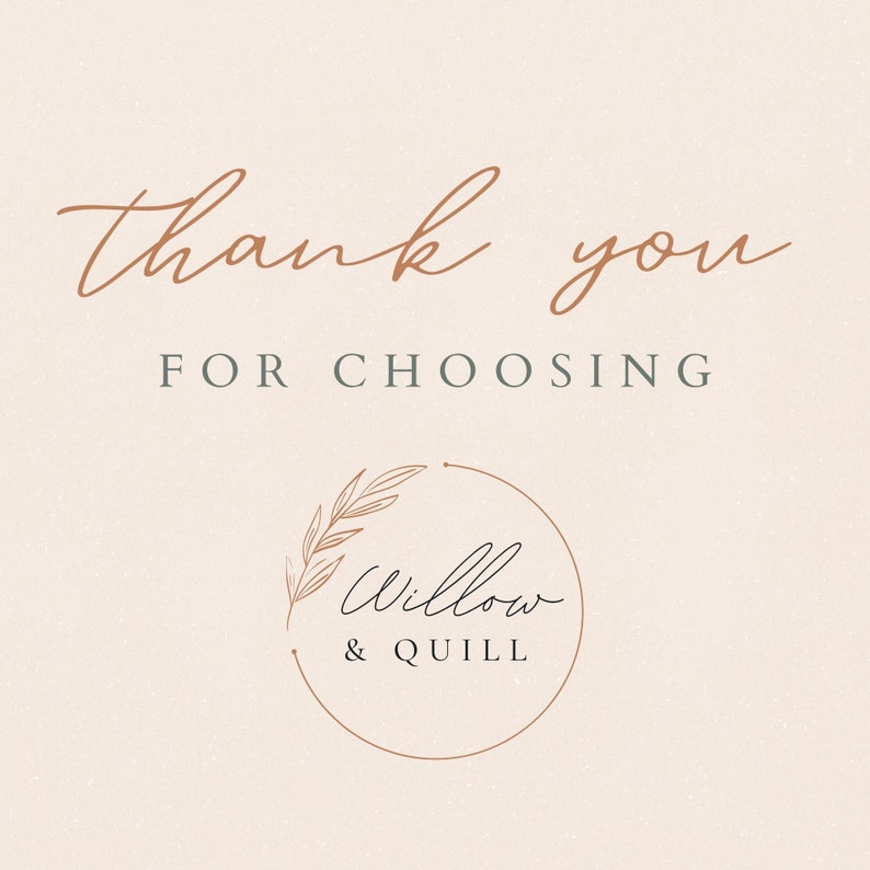 Puede incluir: Gracias por elegir Willow & Quill. Un c&iacute;rculo marr&oacute;n con un dise&ntilde;o floral dibujado a mano y el texto "Willow & Quill" en negro.