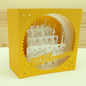 Carte postale pop-up gâteau d'anniversaire, Artisanale, Made-in-France, Fait-main, Ecoresponsable, cadeau anniversaire original porte billet
