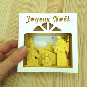 Carte Religieuse Nativité - Crèche - Pop-Up 3D - Or et blanc- Jesus Marie Joseph -