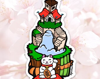 Lucky Cat Tower Sticker, Asian Inspired Decal, Bamboo Stalk Sticker, Japanese Kawaii Sticker, Cute Cat Sticker