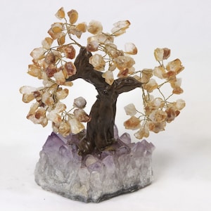 Pode incluir: Uma árvore de cristal com uma estrutura de arame marrom e uma base de cristais de ametista. A árvore é decorada com pequenos cristais transparentes e laranja.