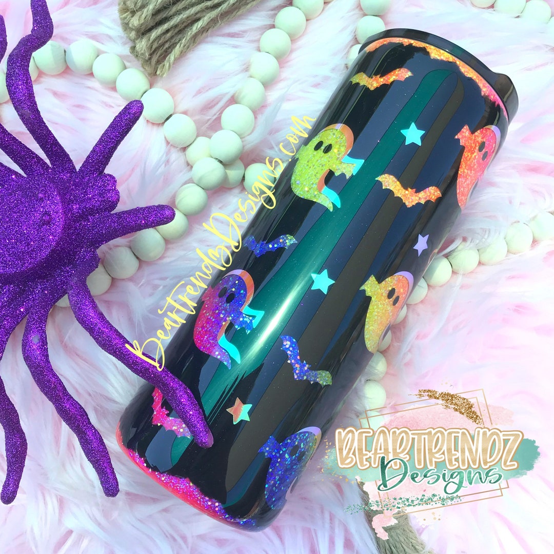 Halloween Glitter Tumbler Neon Halloween Tumbler Spooky Ghost Tumbler Neon Rainbow Tumbler