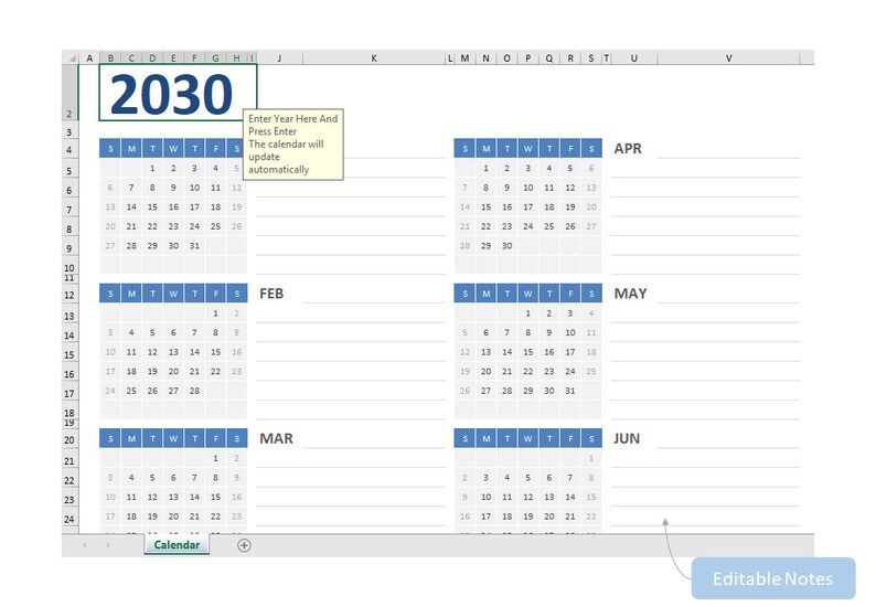 Any Year Calendar Blue Excel Spreadsheet Template Etsy