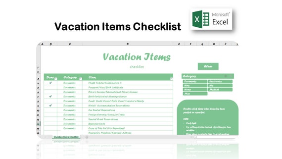 Checkliste Fur Urlaubsartikel Packliste Excel Vorlage Etsy