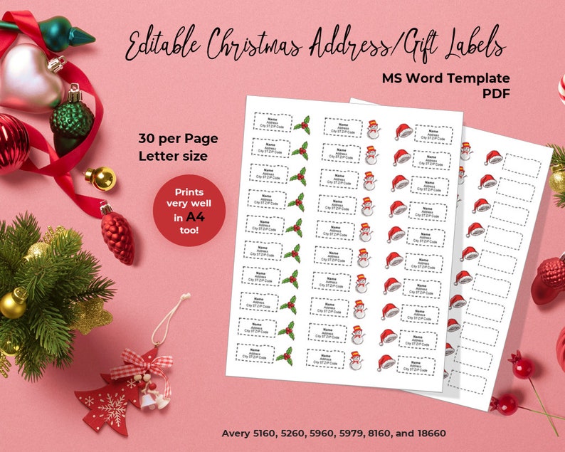 Editable Printable Christmas Gift, Address Labels. 30/page. MS Word ...