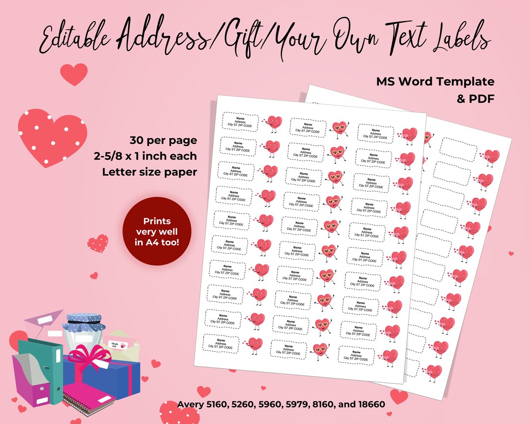 Printable Love, Heart Address Labels, Stickers, Gift, Editable Text