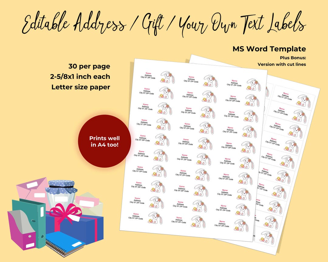 Printable Cute Easter Bunny Address Labels, Stickers, Gift, Editable ...