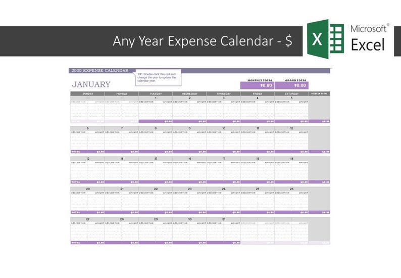 Any Year Expense Calendar Currency Dollar Excel Template Etsy