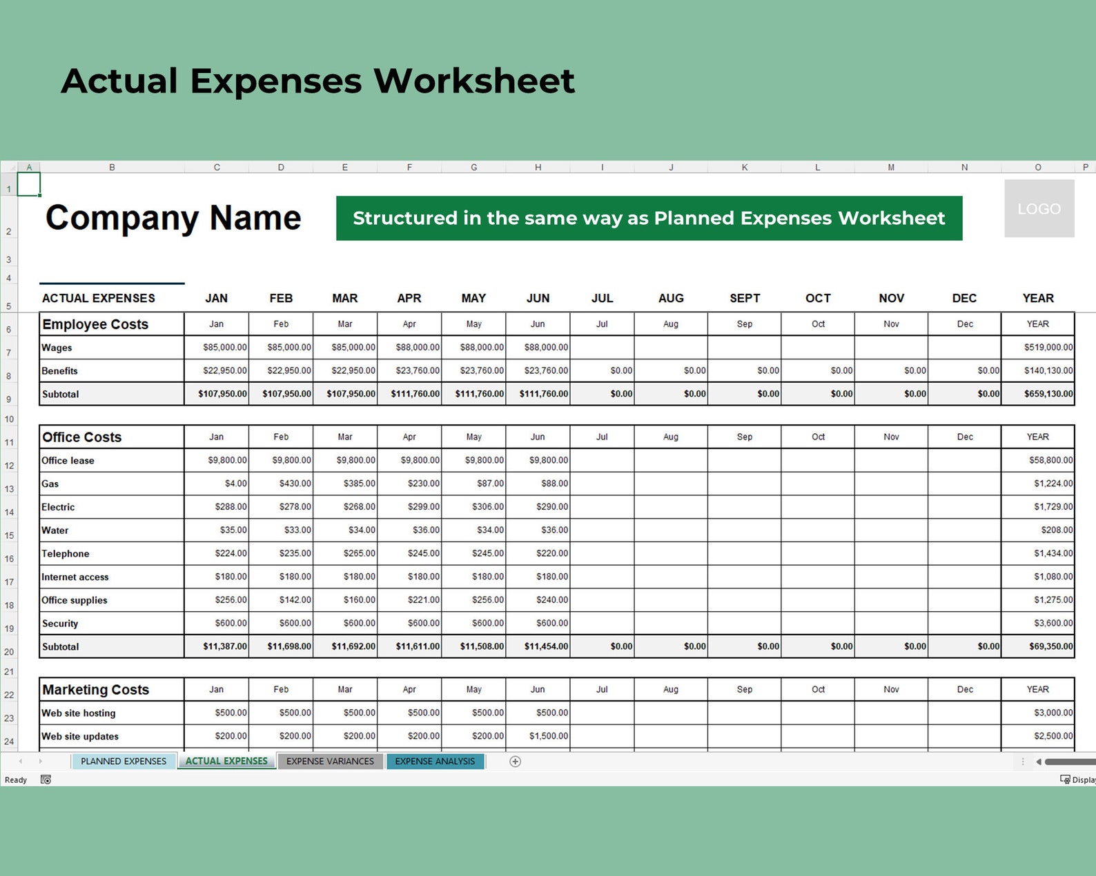 Business Expense Budget Microsoft Excel Template. Currency Dollar Size