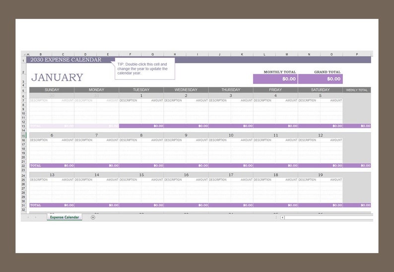 Any Year Expense Calendar Currency Dollar Excel Template Etsy