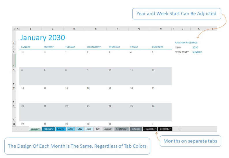 Any Year 12 Months Calendar Blue Excel Spreadsheet | Etsy