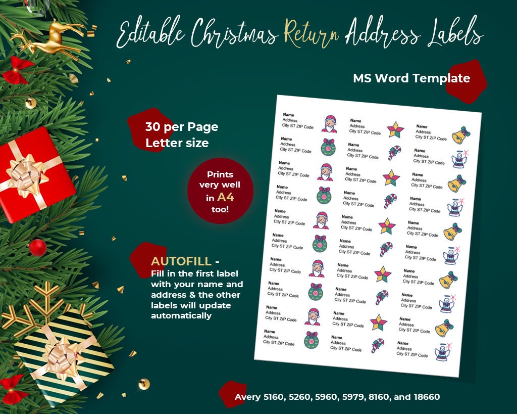 Printable Christmas RETURN Address Labels. 30 per Page ...