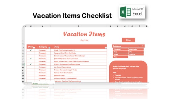 vacation items checklist packing list excel template etsy
