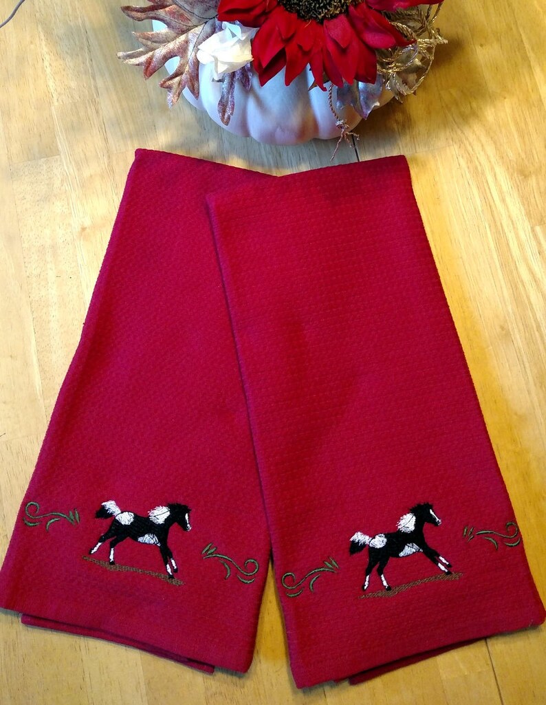 Set of 2 Large Waffle Weave Kitchen Dish Towels With Black & White