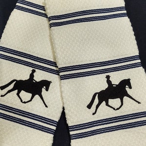 Set of 2 Large Cotton Terry Kitchen Dish Towels With Dressage Horse  Extended Trot to Right equestrian