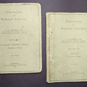 May include: Two green book covers with the title "Illustrations of Regional Anatomy" and the author "F.B. Jamieson, M.D.". The first book cover is for "Section I: Central Nervous System" and the second book cover is for "Section IV: Pelvis".