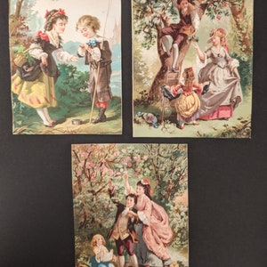 Three Antique Victorian Chromolithographs Children