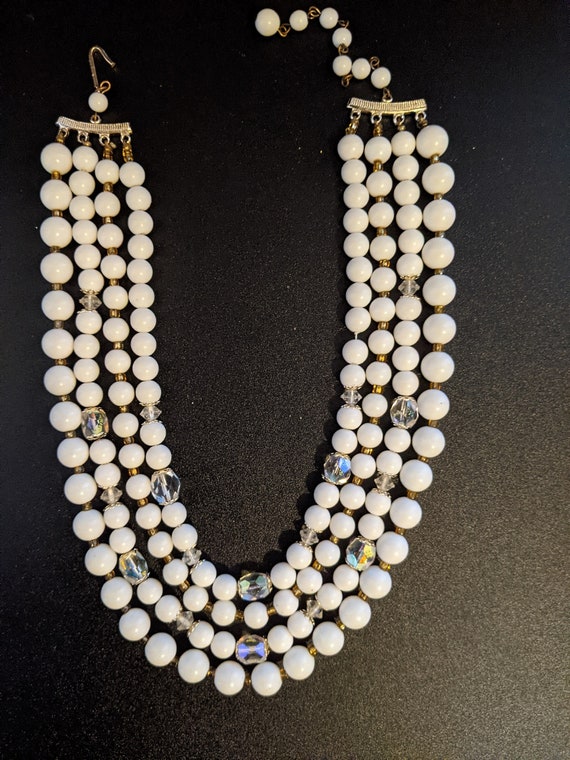 1950s Four Strand White Beads and Austrian Crysta… - image 1