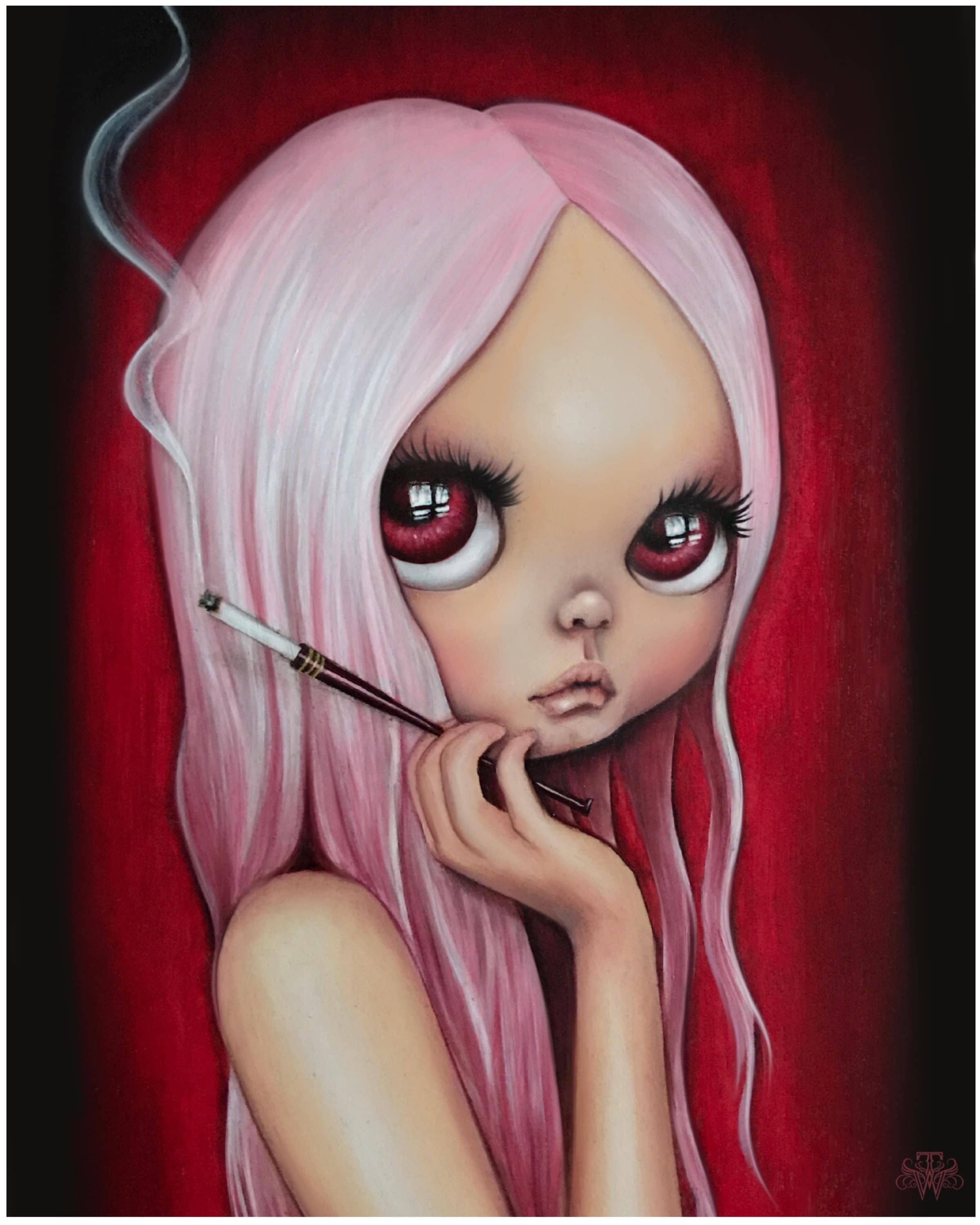 Smoking Girl Art Print Wall Decor Sultry Big Eyes Art 