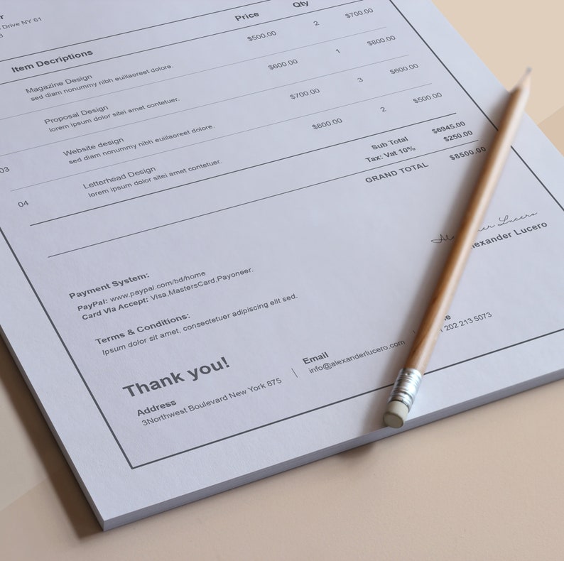 May include: A white invoice with a handwritten signature at the bottom. The invoice lists various design services with prices and quantities. The total amount is $8500.00. The invoice also includes contact information for the business, including an email address and phone number.