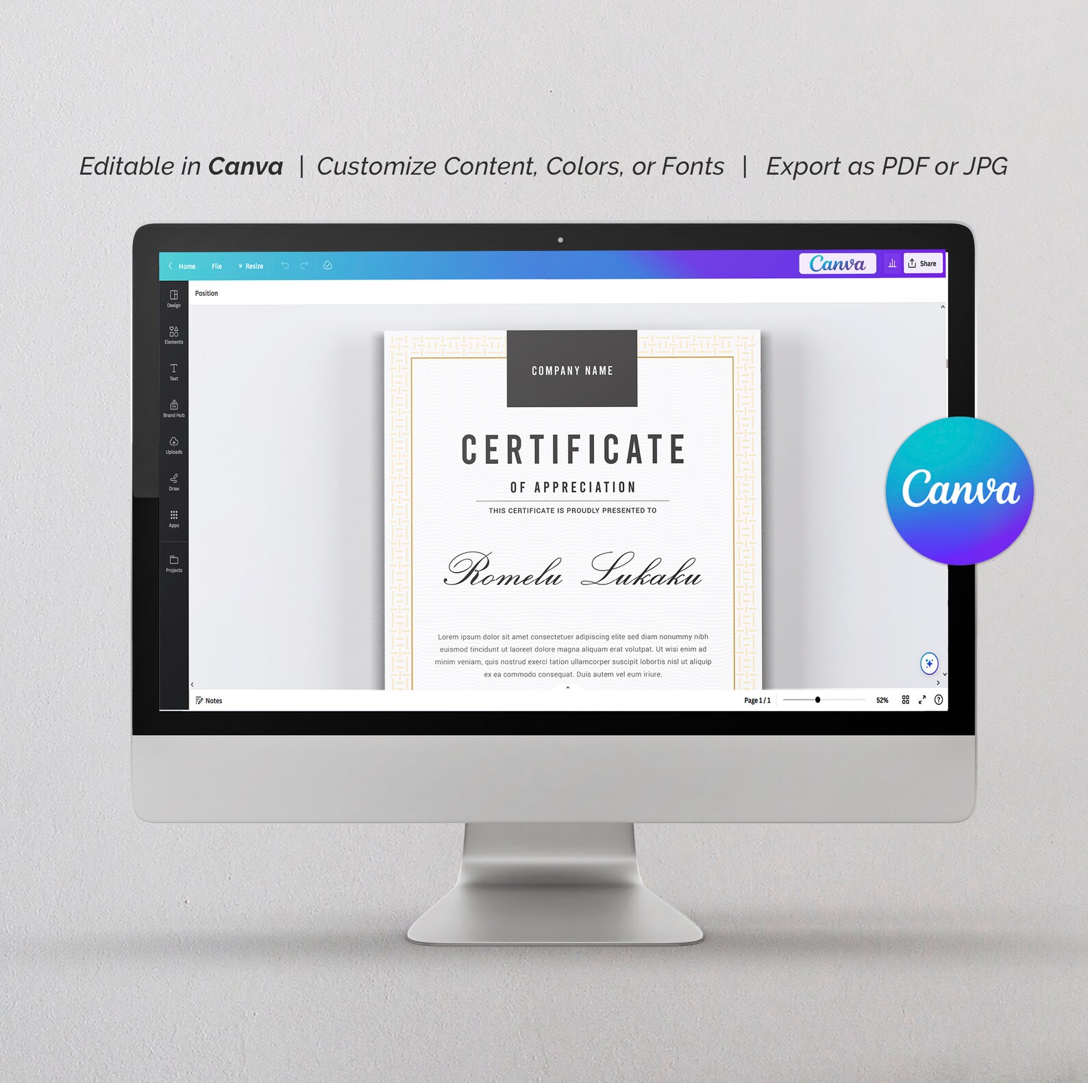 Modern canva certificate of appreciation available in a4 and etsy
