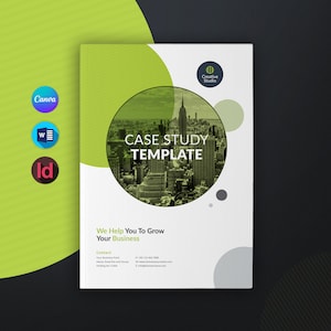 May include: A white and green case study template with a cityscape photo in a circle. The text "CASE STUDY TEMPLATE" is in a black sans-serif font. The text "We Help You To Grow Your Business" is in a black sans-serif font. The text "Contact" is in a black sans-serif font. The text "Your Business Point, Name, Road, City and House, Holding No-1234" is in a black sans-serif font. The text "P: +00 123 456 7890, W: www.domainname.com, E: info@domainname.com" is in a black sans-serif font.