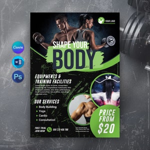 Fitness Flyer Templates Canva | Digital Fitness MS Word Template Instagram Post Social Media Business Body Sculpting | Instant Download
