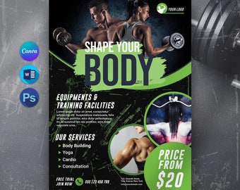 Fitness Flyer Templates Canva | Digital Fitness MS Word Template Instagram Post Social Media Business Body Sculpting | Instant Download