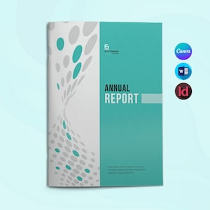 May include: A teal and white annual report cover with the text "ANNUAL REPORT". The left side has a white background with teal and gray oval shapes. The right side is teal with a white rectangle.