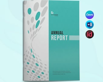 Könnte beinhalten: Ein türkis-weißes Jahresbericht-Cover mit dem Text "ANNUAL REPORT". Die linke Seite hat einen weißen Hintergrund mit türkisfarbenen und grauen ovalen Formen. Die rechte Seite ist türkis mit einem weißen Rechteck.