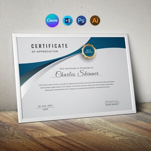 May include: A white certificate of appreciation with a blue and gray design. The certificate is presented to Charles Skinner on July 20, 2022. The certificate has a gold seal with the words "Best Award" on it. The certificate is signed by David Nunley.