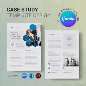 Puede incluir: Un diseño de plantilla de estudio de caso blanco y azul con el texto "CASE STUDY TEMPLATE DESIGN". El diseño incluye el texto "WE PROVIDING CREATIVE SOLUTIONS TO GROW YOUR BUSINESS!" y el logotipo de Canva.