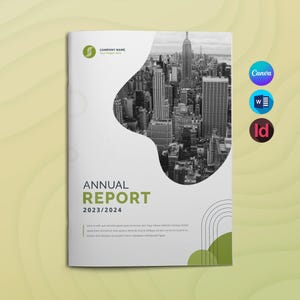 Könnte beinhalten: Ein Jahresbericht-Dokumentencover mit einem schwarz-weißen Stadtbildfoto in einem geschwungenen Ausschnitt. Der Text lautet ANNUAL REPORT 2023/2024, mit Platzhaltern für Firmenname und Slogan. Enthält Canva-, Word- und InDesign-Symbole.