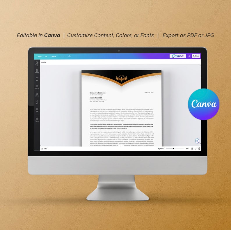 Business Letterhead Template Canva Editable, Custom Company Letterhead