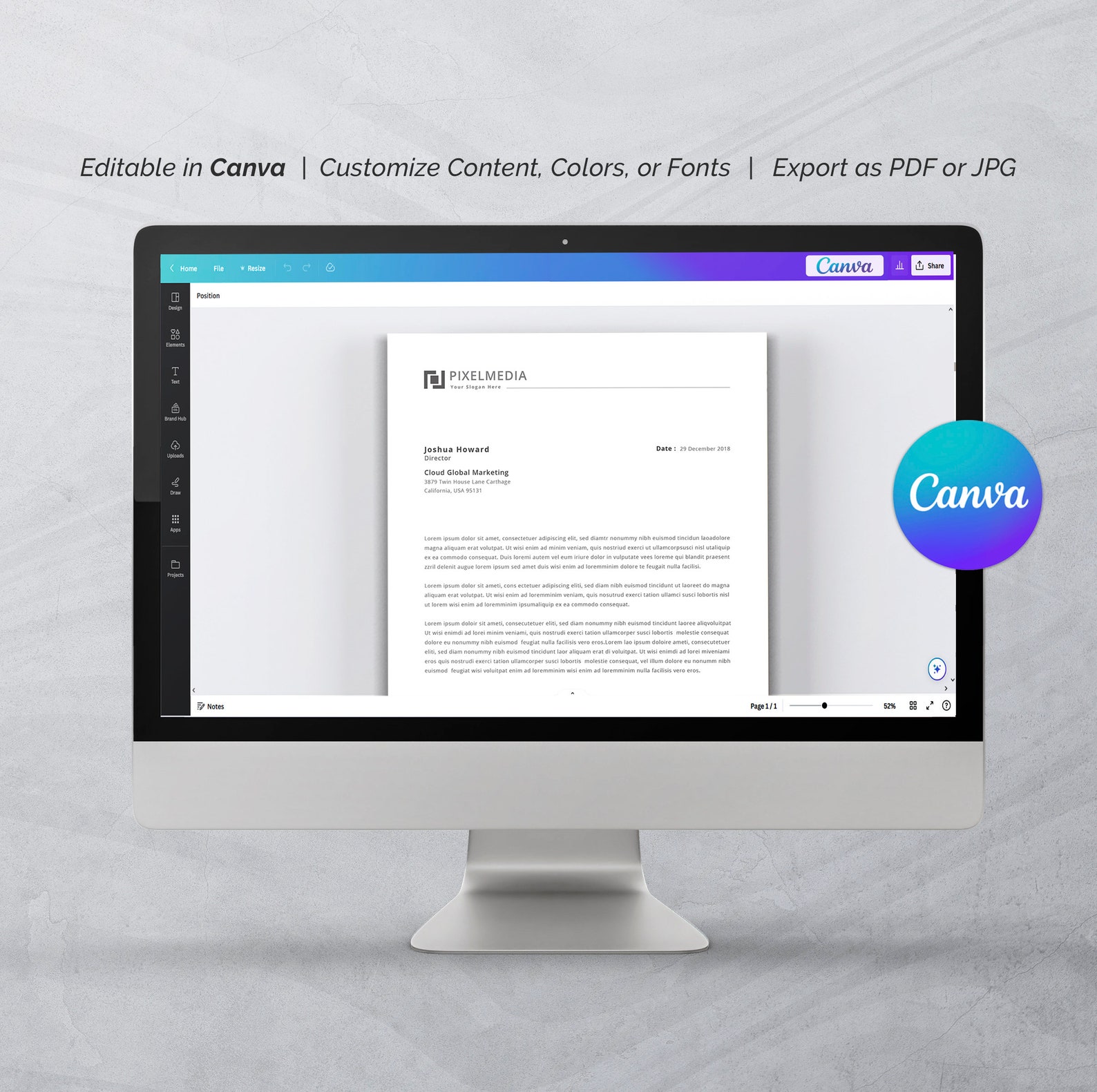 Business Letterhead Template Canva Editable, Custom Company Letterhead