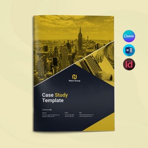 May include: A case study template with a yellow and navy blue design. The cover features a cityscape, a laptop, and the text "Case Study Template." The Netro Group logo is visible. Icons for Canva, Word, and InDesign are on the right.