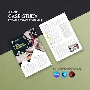 May include: A 4-page case study template set featuring editable layouts with black, white, and lime green accents. The design includes sections for company information, business challenges, and solutions, with placeholders for text and images.