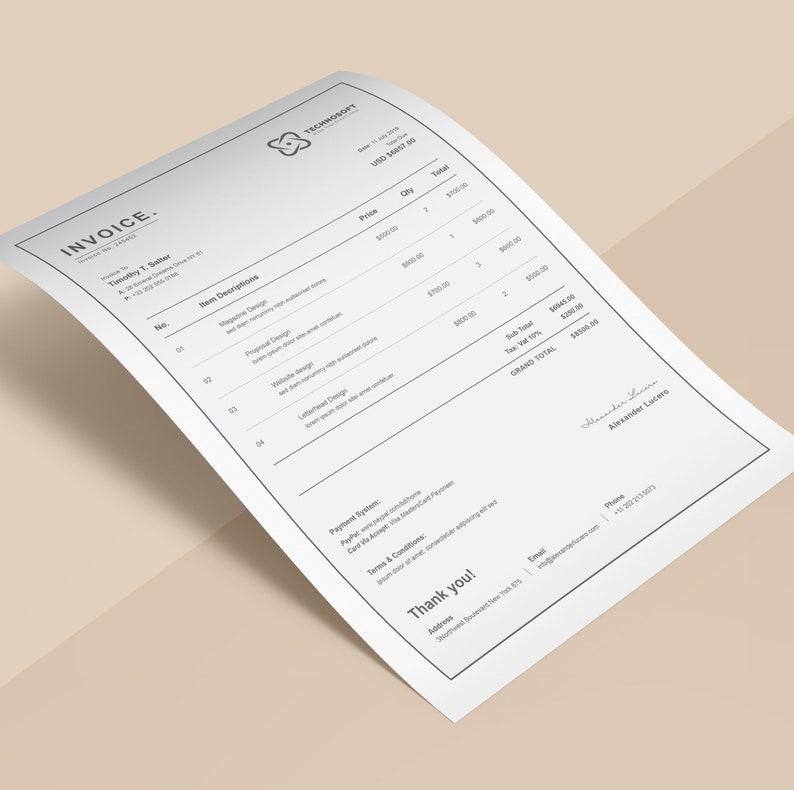 May include: A black and white invoice with the title "INVOICE" at the top. The invoice is for a company called "TECHNOSMART" and lists four items with descriptions and prices. The total amount due is $1500.00.