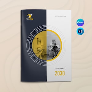 May include: A dark blue and white annual report cover featuring a yellow circle containing a black and white photograph of a person working at a desk. The text "ANNUAL REPORT 2030" is in black at the bottom of the page. The company logo "birdwings" is in white on a yellow background in the top left corner.