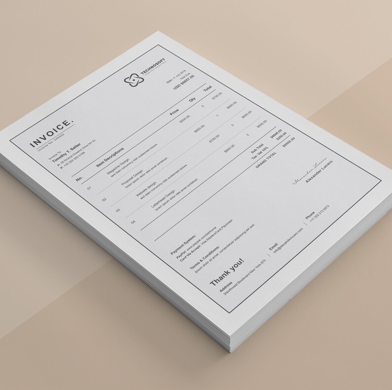 May include: A black and white invoice with the company name TECHNOSOFT at the top. The invoice is for Timothy T. Salter and lists four items with descriptions and prices. The total amount due is $1509.00.