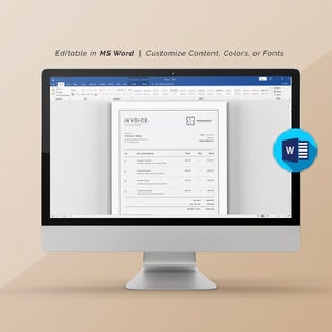 May include: A computer screen displaying a Microsoft Word document with an invoice template. The invoice is titled "INVOICE" and includes a company logo, invoice number, date, and a table with item descriptions, prices, quantities, and totals. The document is editable and can be customized with content, colors, and fonts.