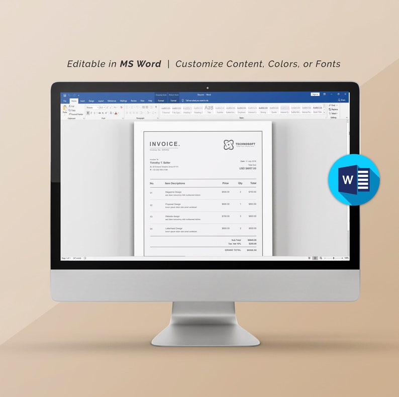 May include: A computer screen displaying a Microsoft Word document with an invoice template. The invoice is titled "INVOICE" and includes a company logo, invoice number, date, and a table with item descriptions, prices, quantities, and totals. The document is editable and can be customized with content, colors, and fonts.