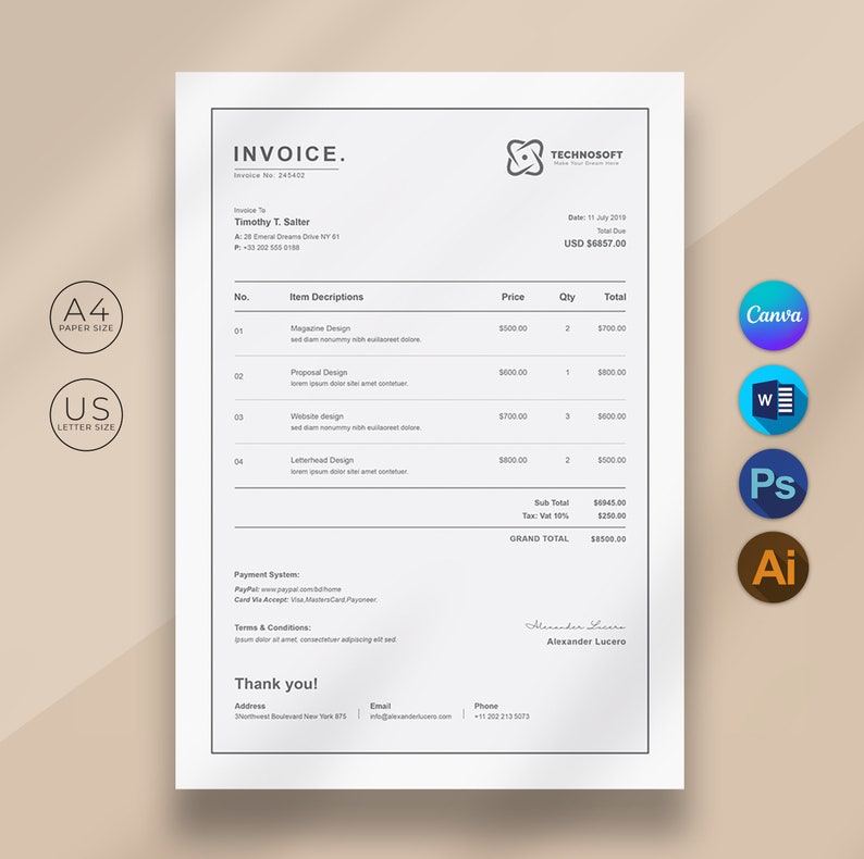 May include: A black and white invoice with the title "Invoice" and the company name "Technosoft". The invoice is for Timothy T. Salter and includes a list of items, prices, quantities, and totals. The invoice is dated July 11, 2019, and the total due is $6857.00.
