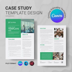 May include: A two-page case study template design with a green and white color scheme. The text includes "Case Study Template Design", "Challenge", "Solution", and "Results". The template is editable online with Canva and available in various file formats.
