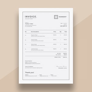 May include: A black and white invoice with the company name Technosoft. The invoice is for Timothy T. Salter and lists the items: Magazine Design, Proposal Design, Website Design, and Letterhead Design. The total amount due is $6857.00.