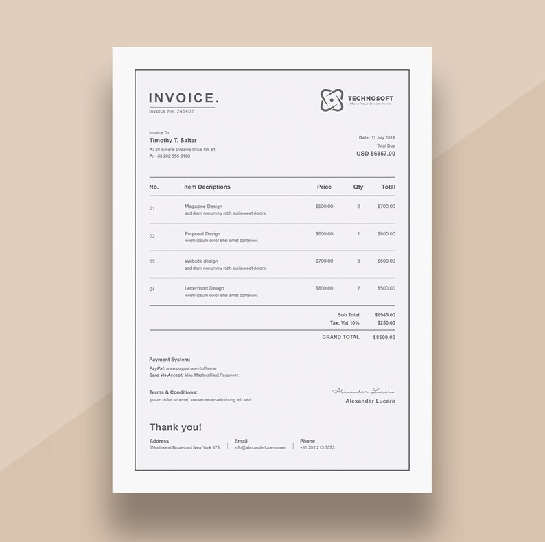 May include: A black and white invoice with the company name Technosoft. The invoice is for Timothy T. Salter and lists the items: Magazine Design, Proposal Design, Website Design, and Letterhead Design. The total amount due is $6857.00.