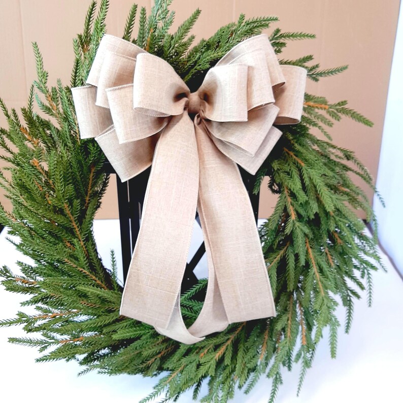 Everyday Bows, Farmhouse Bows for Wreaths, Rustic Bows for Wreaths, Rustic Decor, Linen Ribbon, Wired Ribbon Bows, Beige Farmhouse Bow image 3